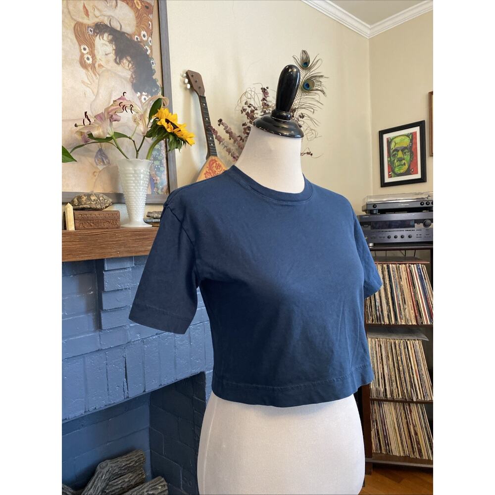 Everlane XXS 100% Organic Cotton Crop Boxy Tee Navy Blue Minimalist Basic - Picture 2 of 10